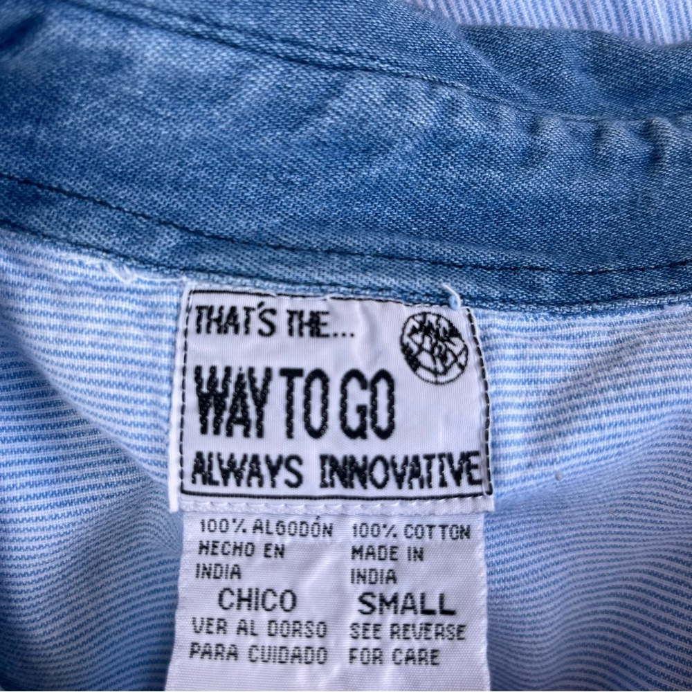 Vintage Button Front Patchwork Cat Print Blue Cha… - image 7